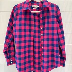 Pink and Blue Plaid Vineyard Vines Relaxed Fit Performance Flannel, Size 4